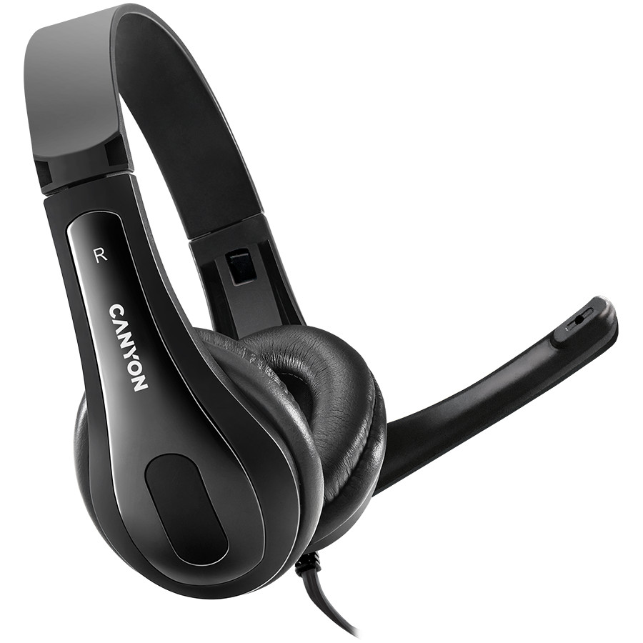CANYON CHSU-1, basic PC headset with microphone, USB plug, leather pads, Flat cable length 2.0m, 160*60*160mm, 0.13kg, Black;