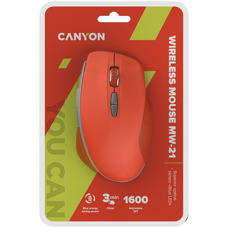 CANYON MW-21, 2.4 GHz  Wireless mouse ,with 7 buttons, DPI 800/1200/1600, Battery:AAA*2pcs  ,Red 72*117*41mm 0.075kg