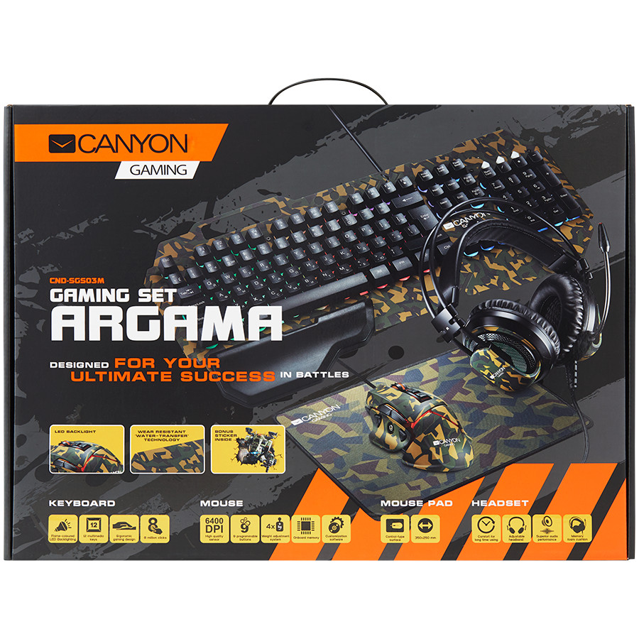CANYON Argama GS-3 4in1 Gaming set, Keyboard with backlight(104 keys), Mouse with weight adjustment(DPI 800/1000/1200/1600/2400/3200/4800/6400), Mouse Mat with size 350*250*3mm, Headset with Microphone and volume control, Black, 1.68kg, RU layout
