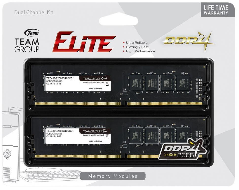 Оперативная память 16Gb Kit (2x8Gb) 2666MHz DDR4 Team Group ELITE CL19 TED416G2666C19DC01