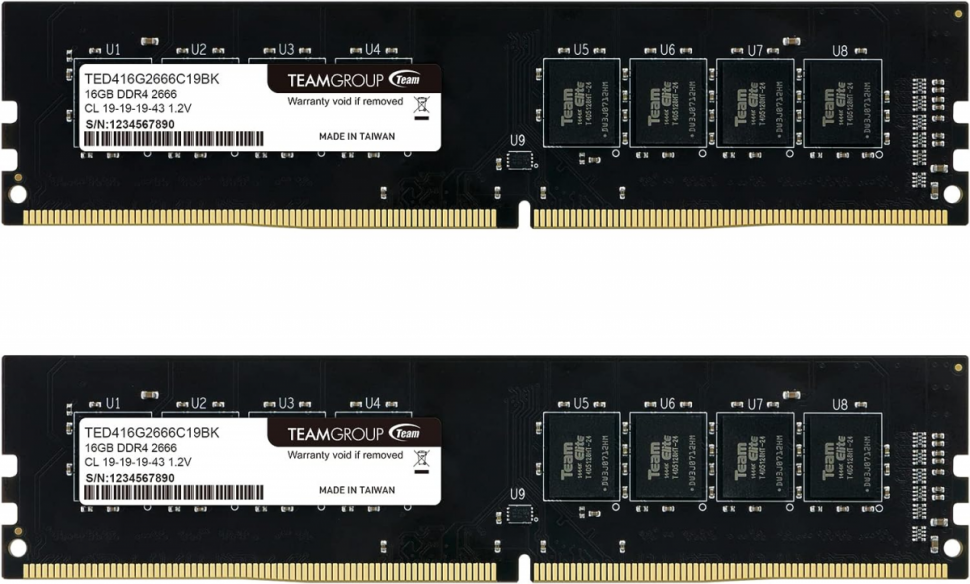 Оперативная память 32GB Kit (2x16GB) 2666MHz DDR4 Team Group ELITE PC4-21300 CL19 TED432G2666C19DC01