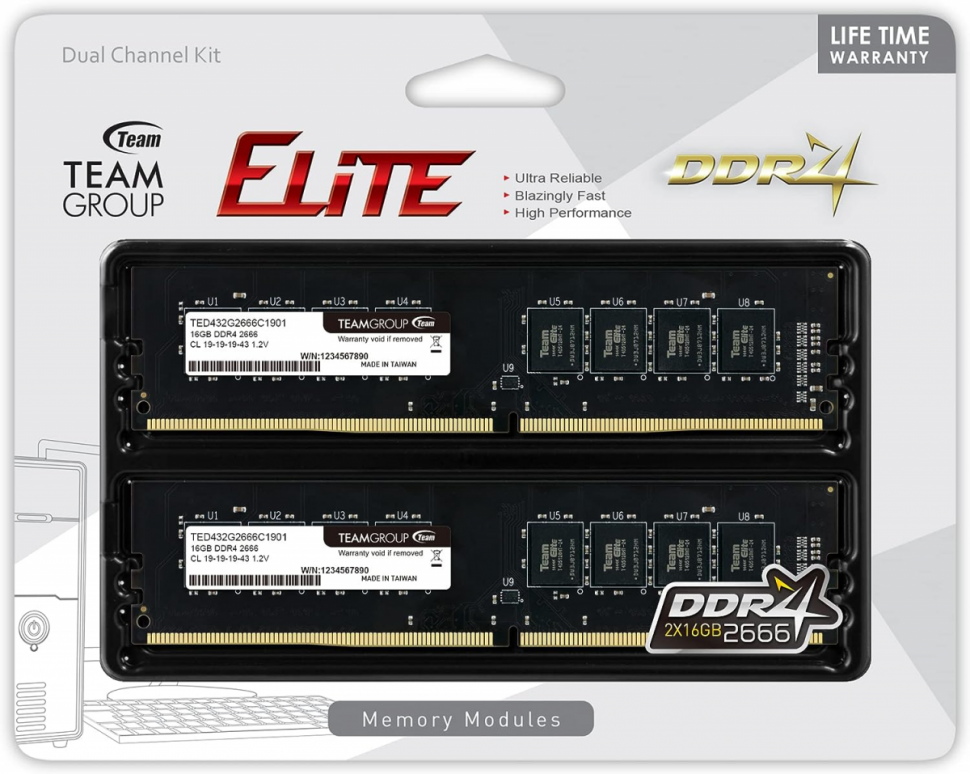 Оперативная память 32GB Kit (2x16GB) 2666MHz DDR4 Team Group ELITE PC4-21300 CL19 TED432G2666C19DC01
