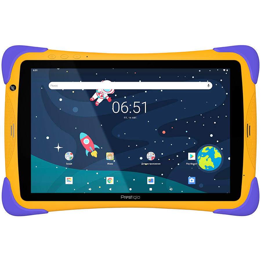 Prestigio SmartKids UP, 10.1" (1280*800) IPS display, Android 10 (Go edition), up to 1.5GHz Quad Core RK3326 CPU, 1GB + 16GB, BT 4.0, WiFi, 0.3MP front cam + 2.0MP rear cam, USB Type-C, microSD card slot, 6000mAh battery. Color: yellow-violet