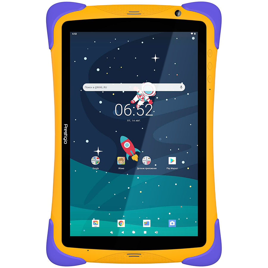 Prestigio SmartKids UP, 10.1" (1280*800) IPS display, Android 10 (Go edition), up to 1.5GHz Quad Core RK3326 CPU, 1GB + 16GB, BT 4.0, WiFi, 0.3MP front cam + 2.0MP rear cam, USB Type-C, microSD card slot, 6000mAh battery. Color: yellow-violet