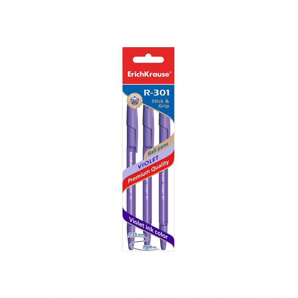 Пакет ручек шариковых ErichKrause® R-301 Violet Stick&Grip 0.7, цвет чернил фиолетовый