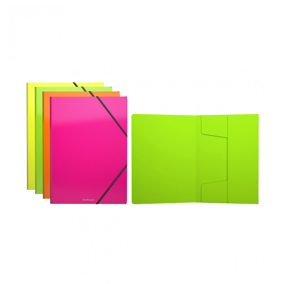 Папка на резинках пластиковая ErichKrause® Glance Neon, A4, ассорти (в коробке-дисплее по 24 шт.)