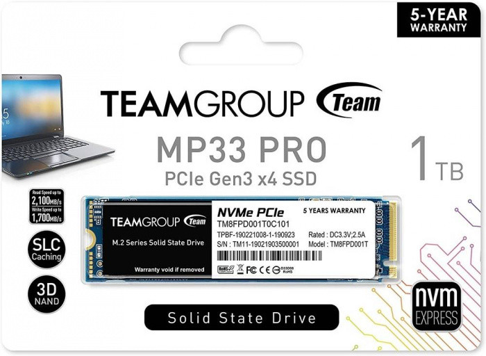 Твердотельный накопитель Team Group MP33 PRO, 1Tb, 2280, PCI-E 3.x x4, чтение - 2100 Мбайт/сек, запись - 1700 Мбайт/сек,