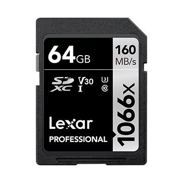 64GB Lexar Professional 1066x SDXC UHS-I cards,  up to 160MB/s read 70MB/s write C10 V30 U3