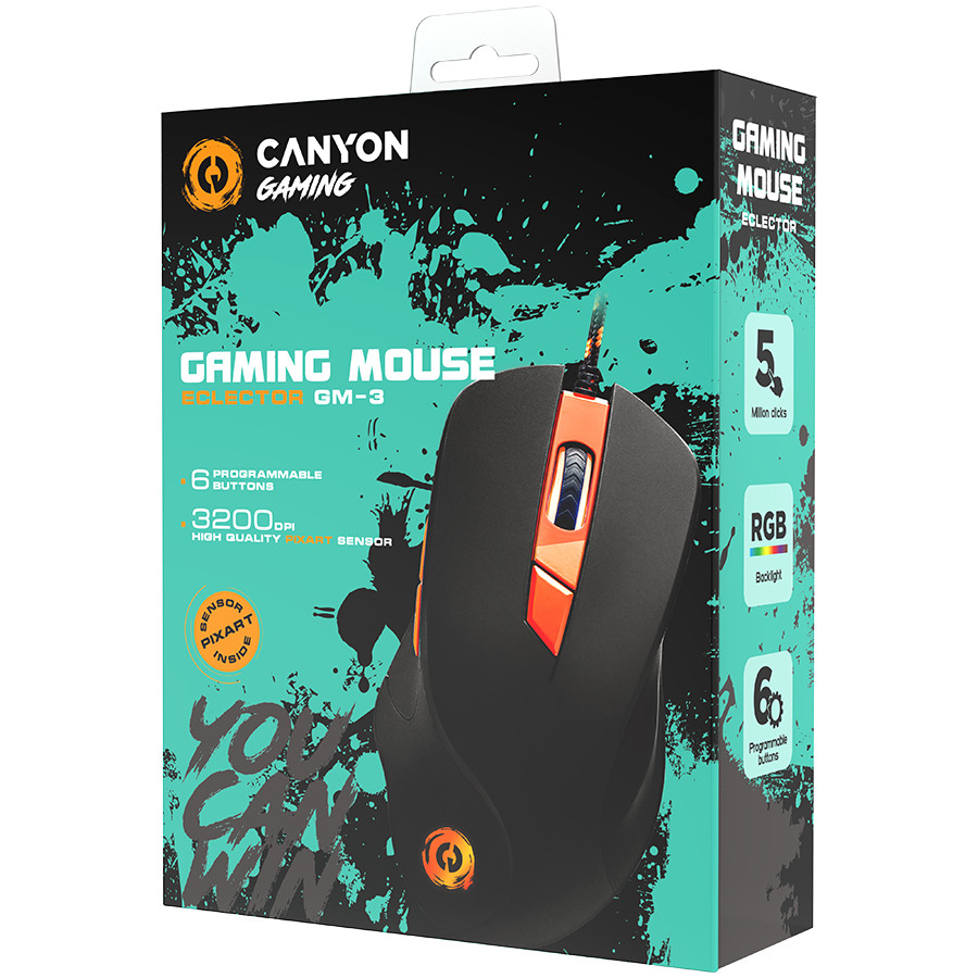 CANYON Eclector GM-3, Wired Gaming Mouse with 6 programmable buttons, Pixart optical sensor, 4 levels of DPI and up to 3200, 5 million times key life, 1.65m Braided USB cable,rubber coating surface and colorful RGB lights, size:130*75*40mm, 140g