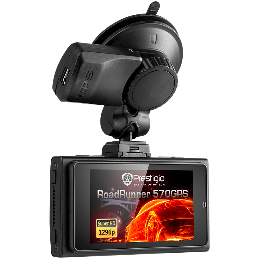Car Video Recorder PRESTIGIO RoadRunner 570GPSb (SHD 2304x1296@30 fps, 2.7 inch screen, Ambarella A7, 3 MP, 170˚ viewing angle, HDMI, 10x zoom, 130 mAh, GPS, Night vision, Motion detection, LDWS, EIS, IR, G-Sensor, black)