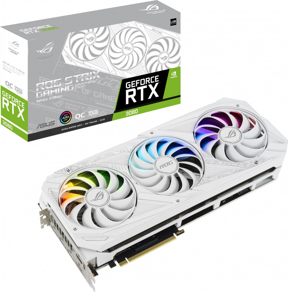 Видеокарта ASUS ROG-STRIX-RTX3080-O10G-WHITE-V2, Triple fan, 10Gb/320bit GDDR6X, 2xHDMI 2.1, 3xDP 1.4a, HDCP, BOX