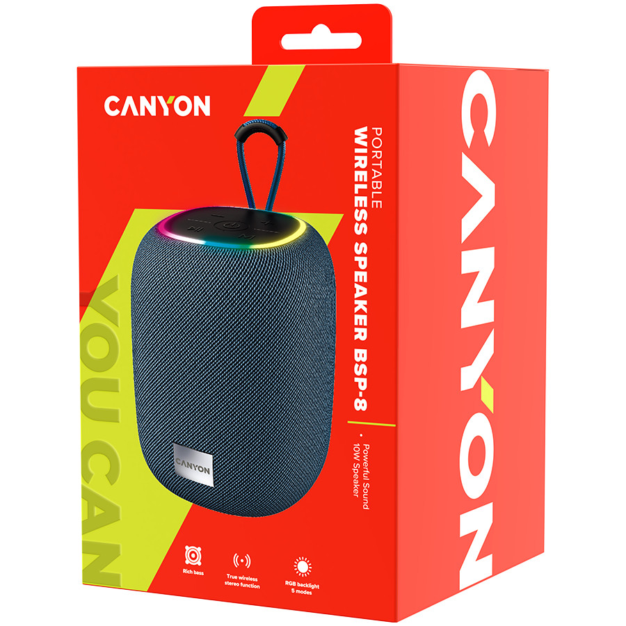 CANYON BSP-8, Bluetooth Speaker, BT V5.2, BLUETRUM AB5362B, TF card support, Type-C USB port, 1800mAh polymer battery, Max Power 10W, Grey, cable length 0.50m, 110*110*135mm, 0.57kg