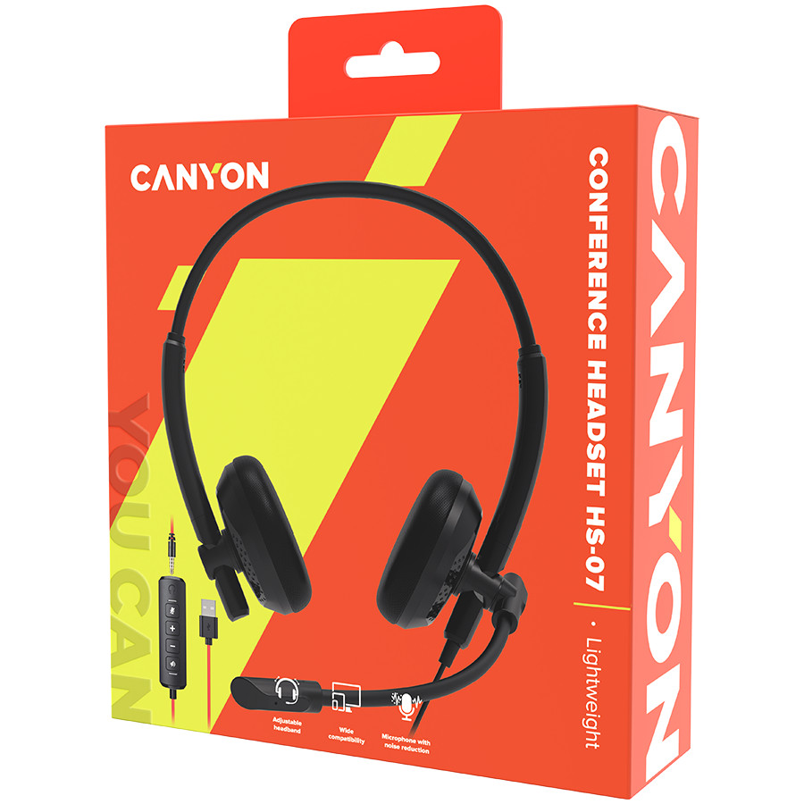 CANYON HS-07, Super light weight conference headset 3.5mm stereo plug,with PVC cable 1.6m, extra USB sound card with PVC cable 1.2m, ABS headset material, size: 16*15.5*6cm. Weight: 100g, Black