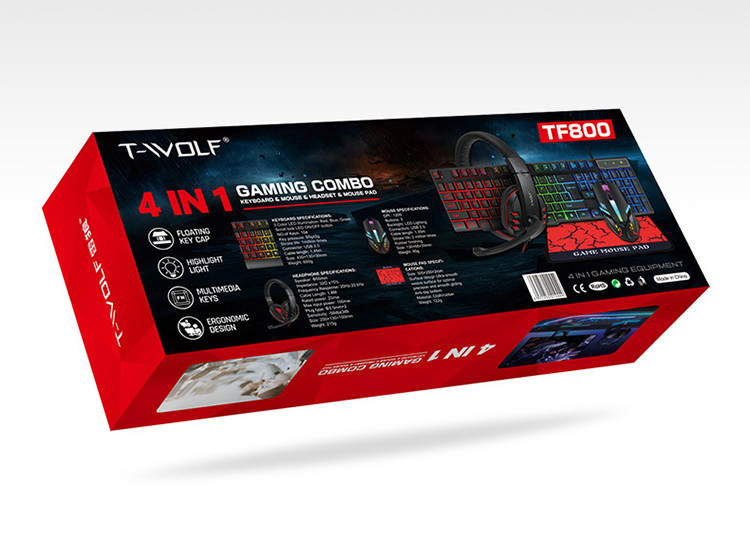 Игровой набор T-WOLF TF800, Подсветка 4в1 клавиатура+мышь+коврик+гарнитура