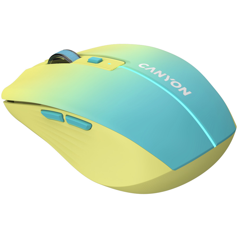CANYON MW-44, 2 in 1 Wireless optical mouse with 8 buttons, DPI 800/1200/1600, 2 mode(BT/ 2.4GHz), 500mAh Lithium battery,7 single color LED light , Yellow-Blue(Gradient), cable length 0.8m, 102*64*35mm, 0.075kg