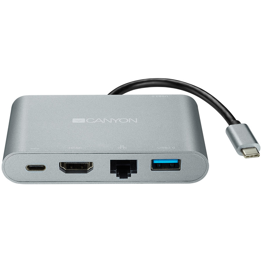 CANYON DS-4 Multiport Docking Station with 5 ports: 1*Type C male+1*HDMI+1*RJ45+2*USB3.0, Input 100-240V, Output USB-C PD 60W&USB-A 5V/1A, cabel length 0.11m, Rubber coating, Space grey, 93*54*17mm, 0.075kg