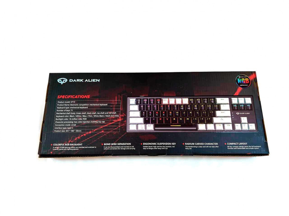 Механическая клавиатура DARK ALIEN K710 RGB, 71-keys, RU+ENG, черно-белый red switch