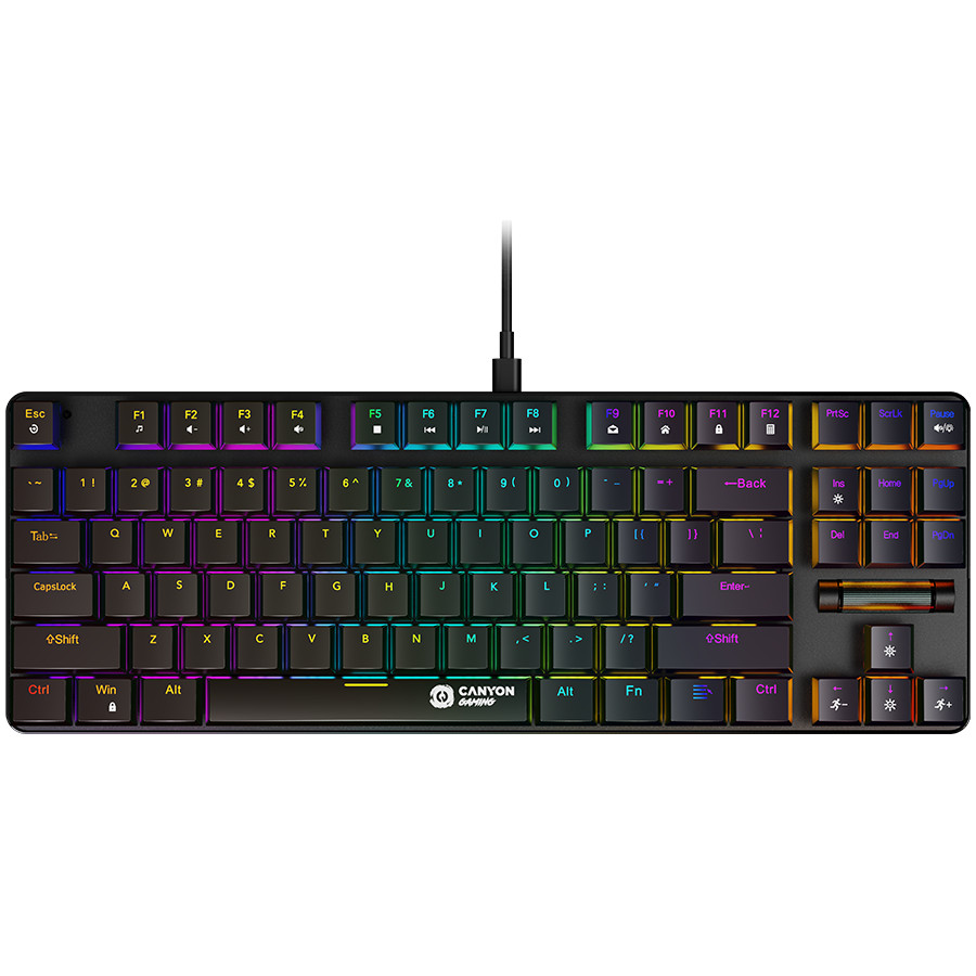 Canyon 87keys Mechanical keyboard, 50million times life, with VS11K30A solution, GTMX red switch, Rainbow backlight, 20 modes, 1.8m PVC cable, metal material + ABS, UK layout, size: 354*126*26.6mm, weight:624g, black