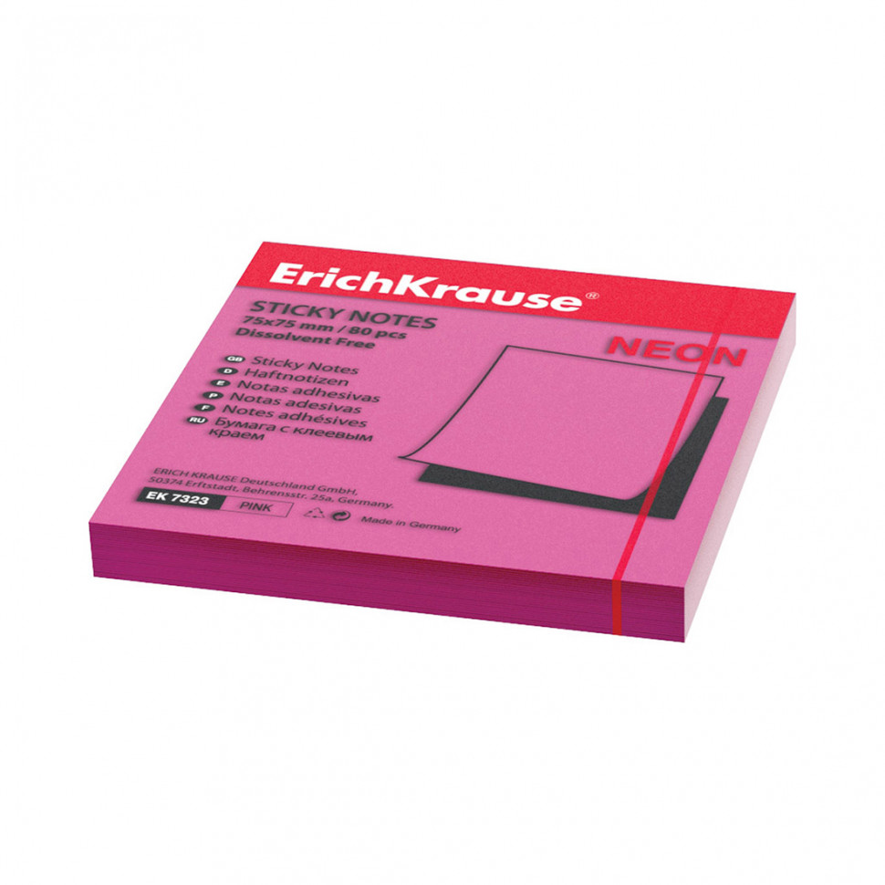 Бумага для заметок с клеевым краем ErichKrause® Neon, 75х75 мм, 80 листов, в пленке 10 шт., розовый