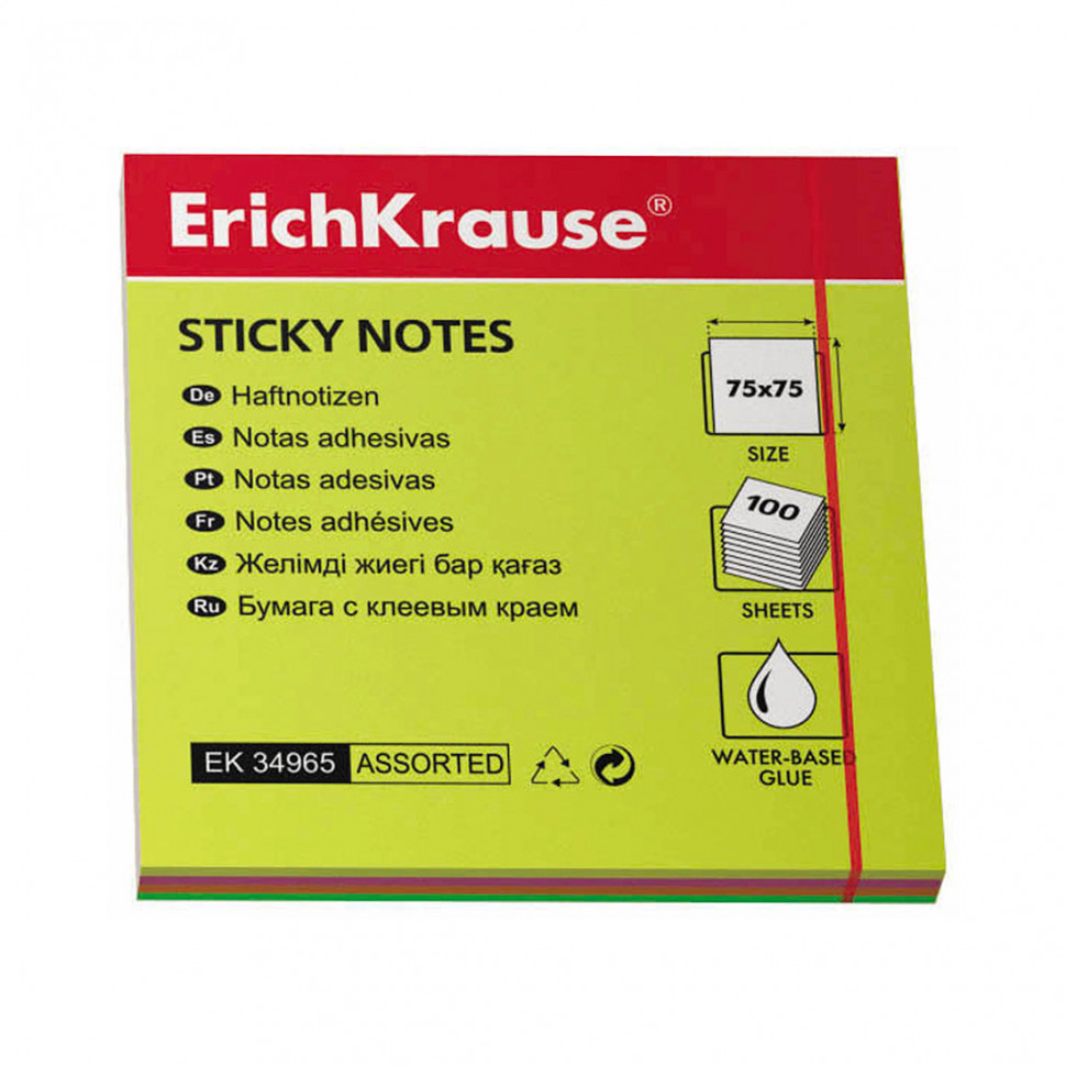 Бумага для заметок с клеевым краем ErichKrause® Neon, 75х75 мм, 100 листов, в пленке 12 шт., 4 цвета