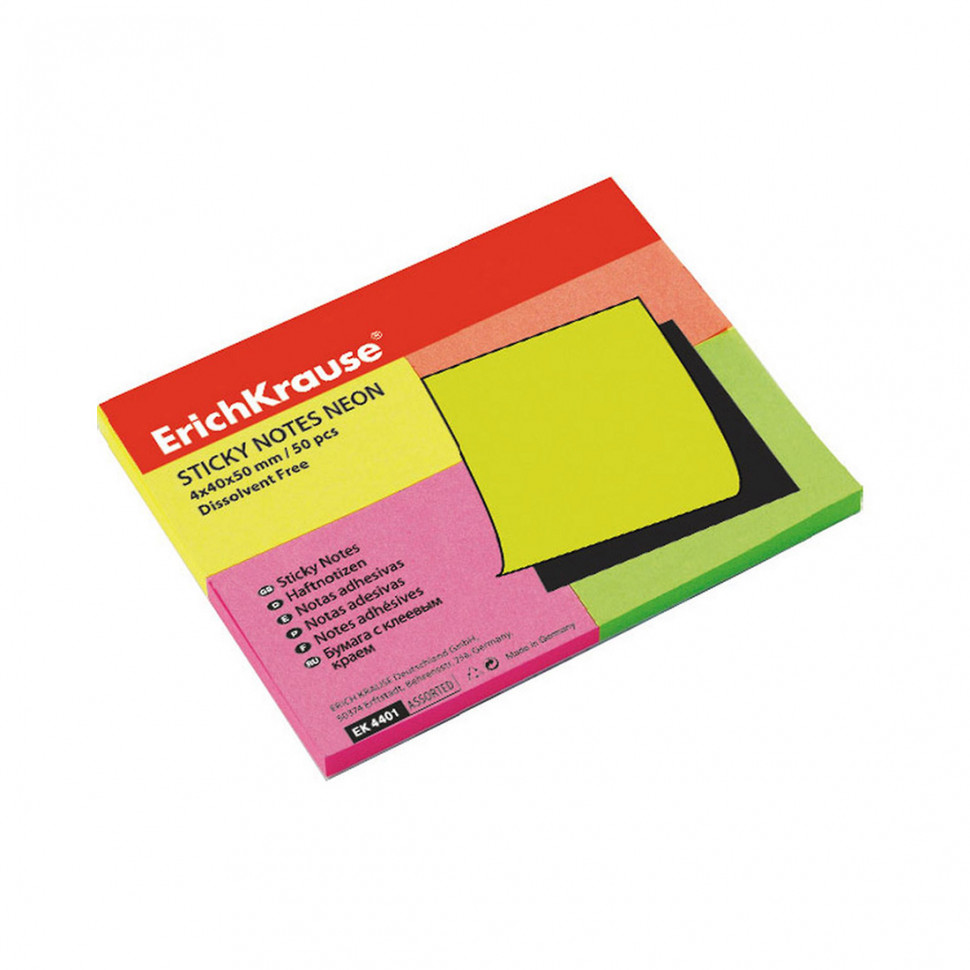 Бумага для заметок с клеевым краем ErichKrause® Neon, 40х50 мм, 200 листов, в пленке 10 шт., 4 цвета