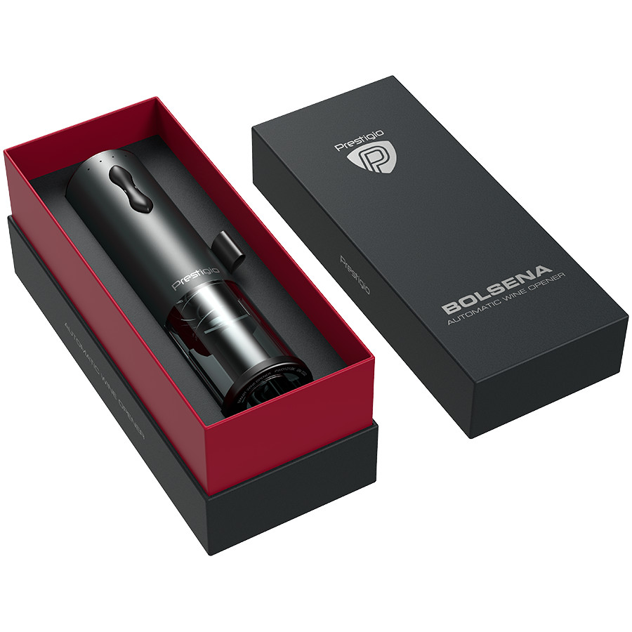 Prestigio Bolsena, smart wine opener, simple operation with 2 buttons, aerator, vacuum stopper preserver, foil cutter, opens up to 80 bottles without recharging, 500mAh battery, Dimensions D 48.2*H183mm, black color.